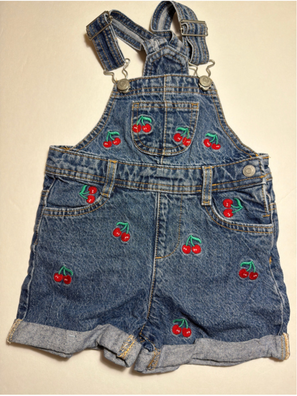 Baby Girl Denim Co. Denim Overall Shorts Cherry Embroidered 18-24 Months